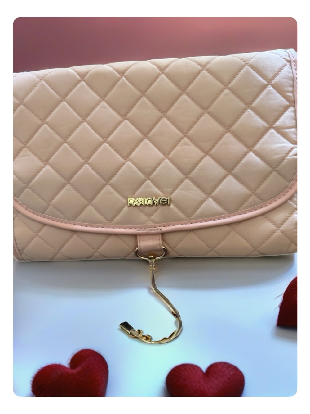 Relabel Travel Jewelry Quilted Pale Pink Clutch Bag with Gold Hanger Detail